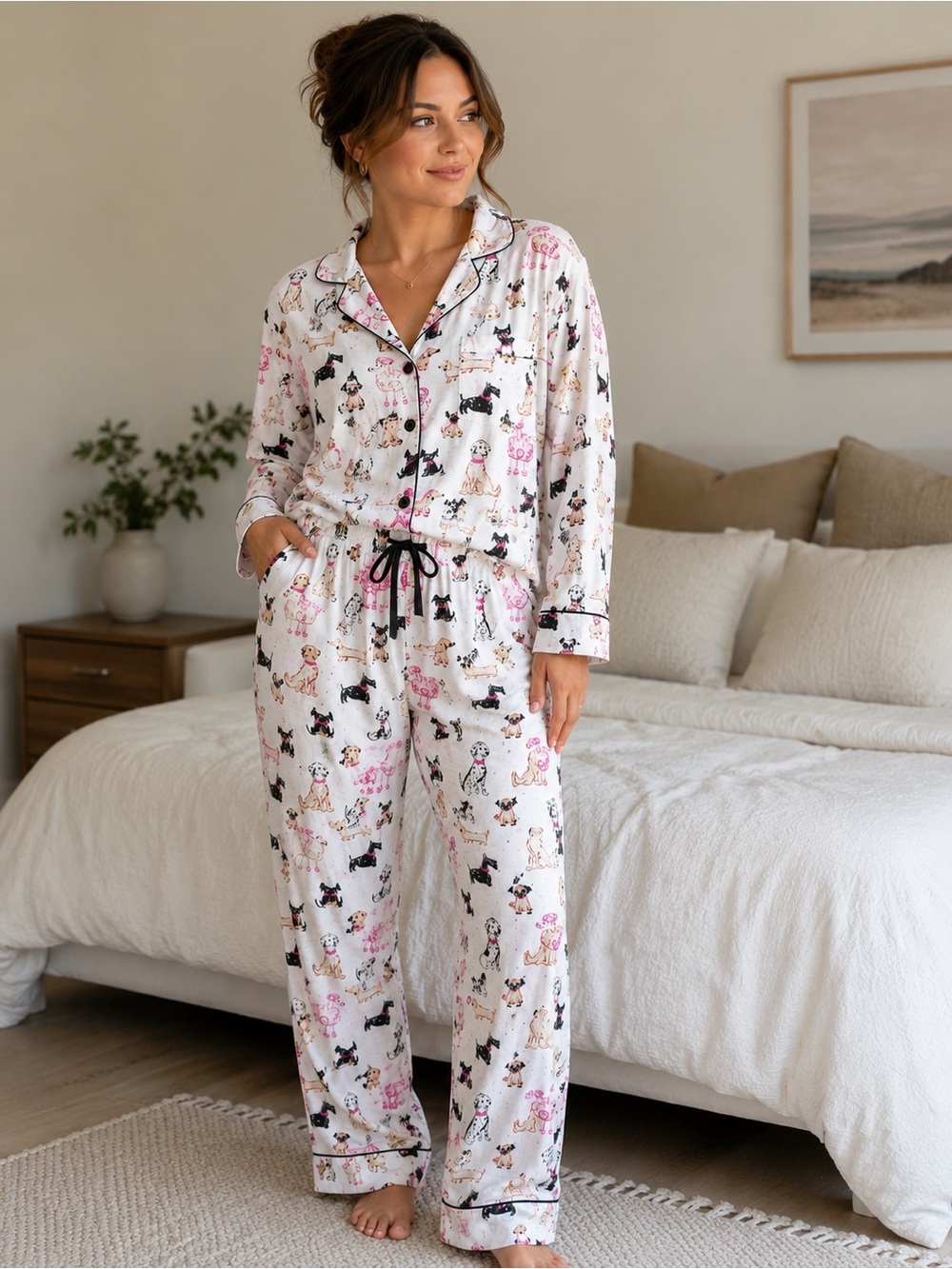PJ Salvage Women’s Dog Print Pajama Set Button Up Top & Pants Size L 100% Cotton